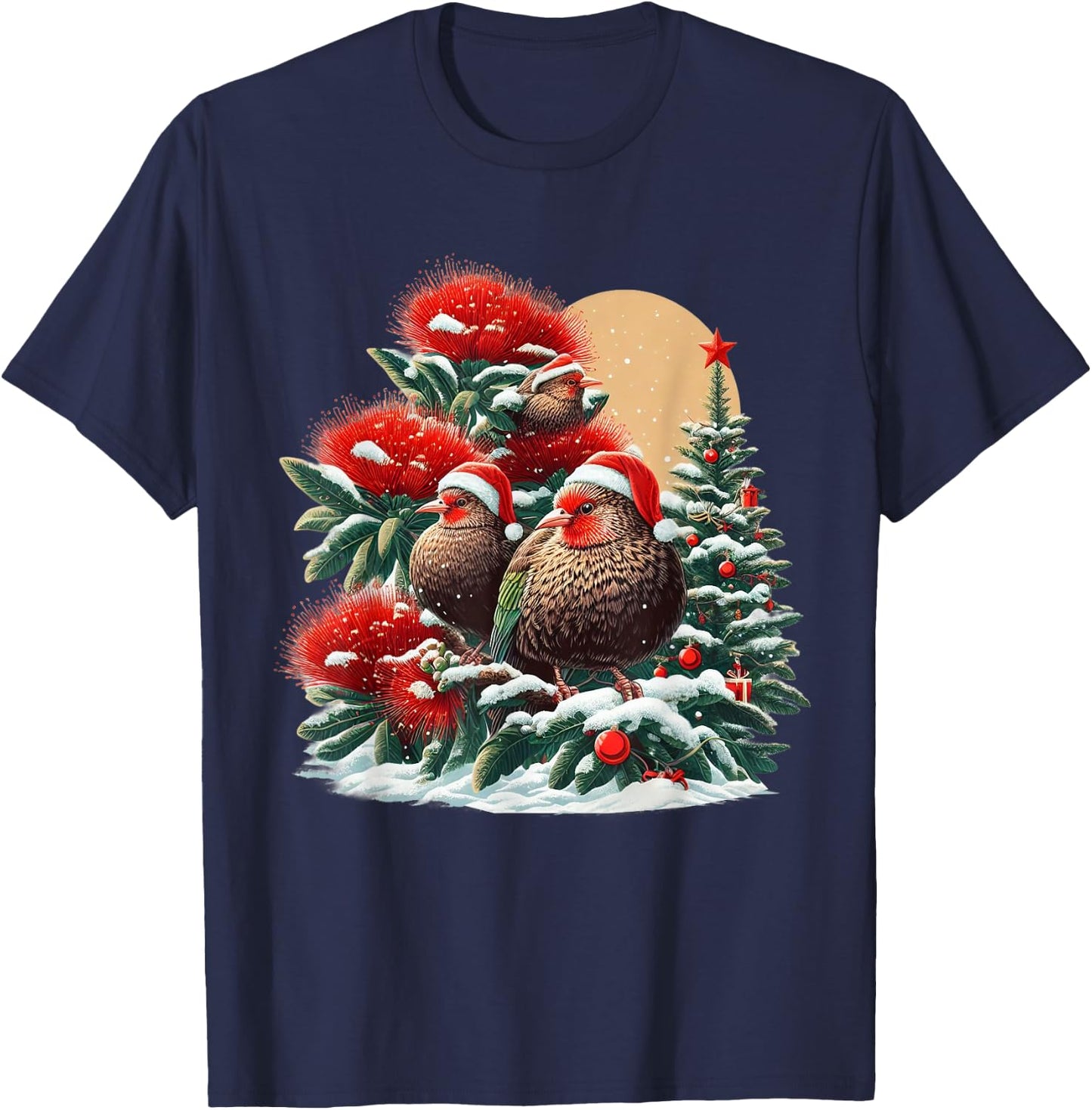 Christmas Pohutukawa Tree New Zealand Kiwi Birds Santa Hat T-Shirt - T-Shirt | Navy