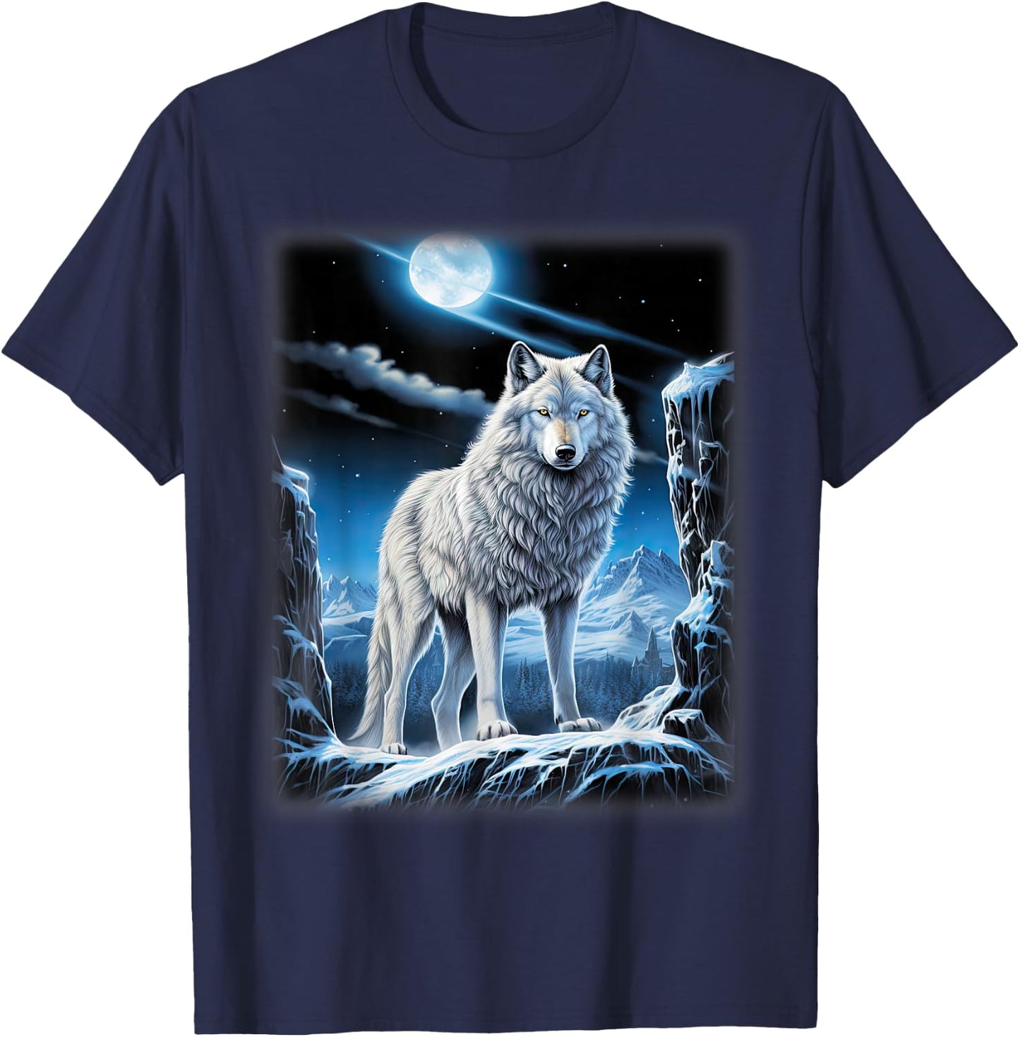 White Wolf standing on a snowy hill Forest Fantasy Nature T-Shirt - T-Shirt | Navy