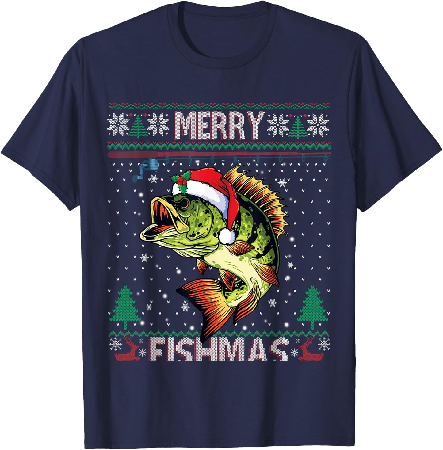 Merry Fishmas Bass Fish Fishing Christmas Ugly Sweater Xmas T-Shirt - T-Shirt | Navy