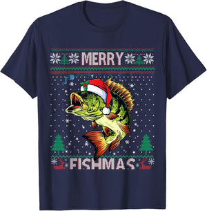 Merry Fishmas Bass Fish Fishing Christmas Ugly Sweater Xmas T-Shirt - T-Shirt | Navy