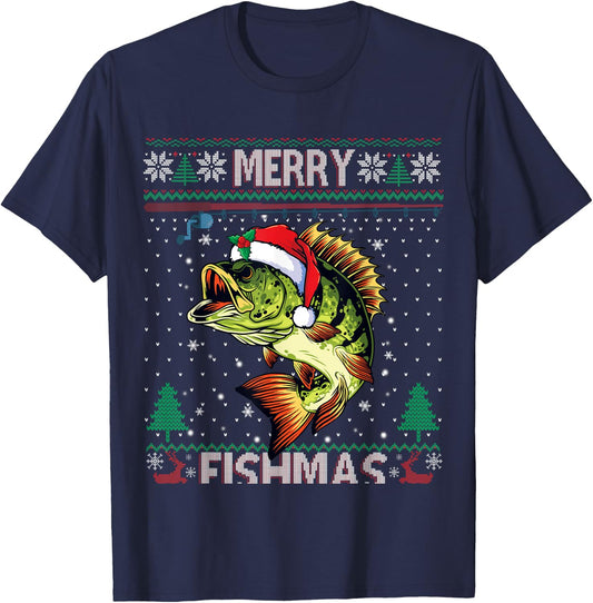 Merry Fishmas Bass Fish Fishing Christmas Ugly Sweater Xmas T-Shirt - T-Shirt | Navy