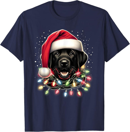 Black Lab Labrador Christmas Tree Light Pajama Dog Xmas T-Shirt - T-Shirt | Navy