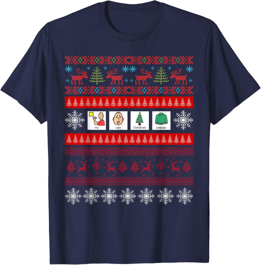 SLP AAC Speech Language Pathologist Ugly Christmas Sweater T-Shirt - T-Shirt | Navy