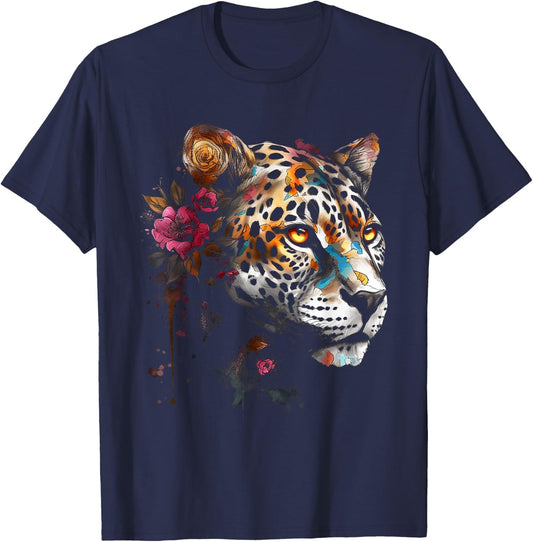 Leopard Flowers Art - Animal Leopard T-Shirt - T-Shirt | Navy