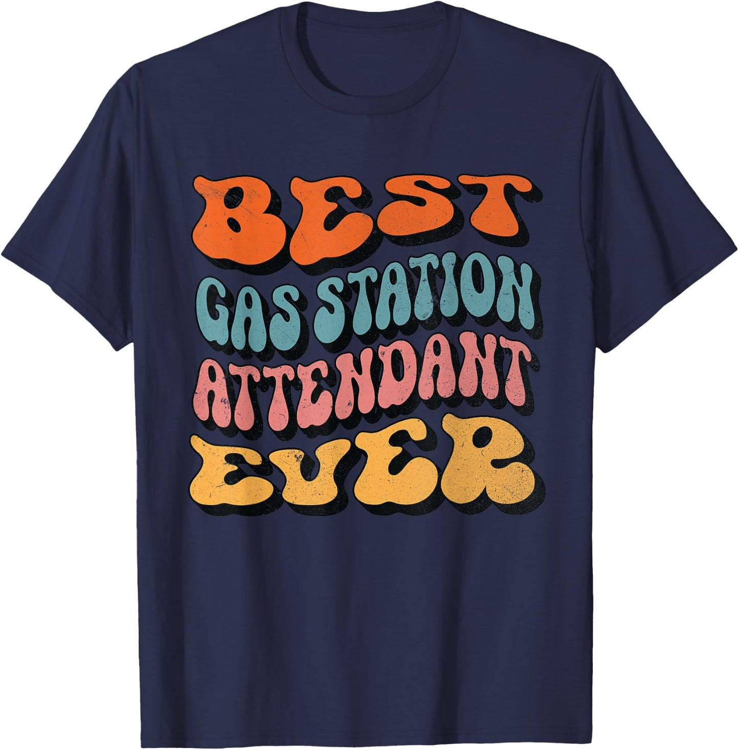 Gas Station Attendant, Retro Groovy Gas Station Attendant T-Shirt - T-Shirt | Navy