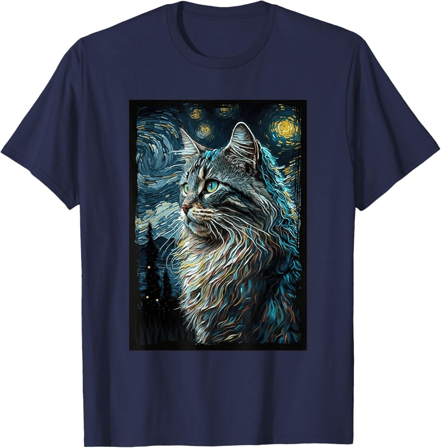 Maine Coon Cat Van Gogh's Starry Night Cat Lover Cat Mom Dad T-Shirt - T-Shirt | Navy