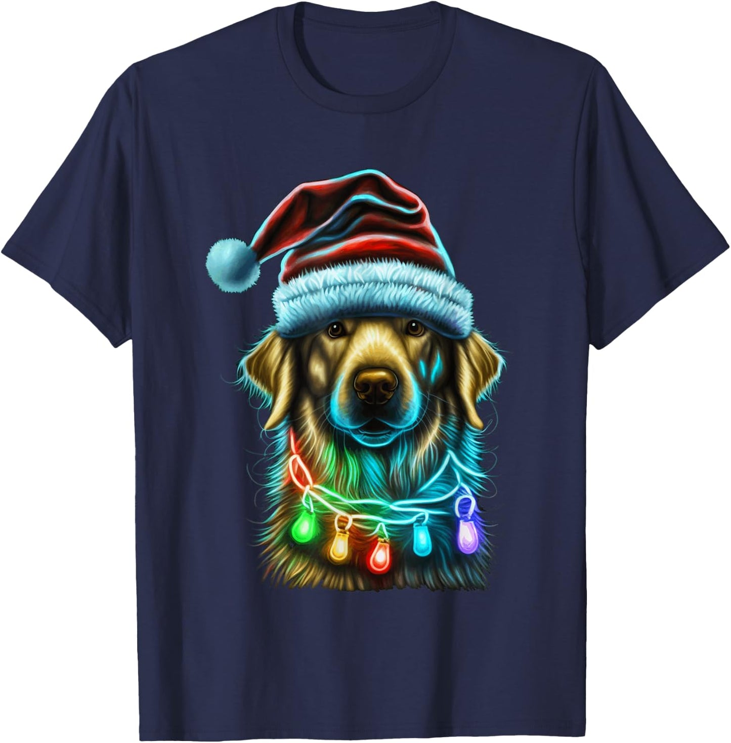 Golden Retriever Funny dog Christmas Santa Hat lights tree Men Women Kids T-Shirt - T-Shirt | Navy