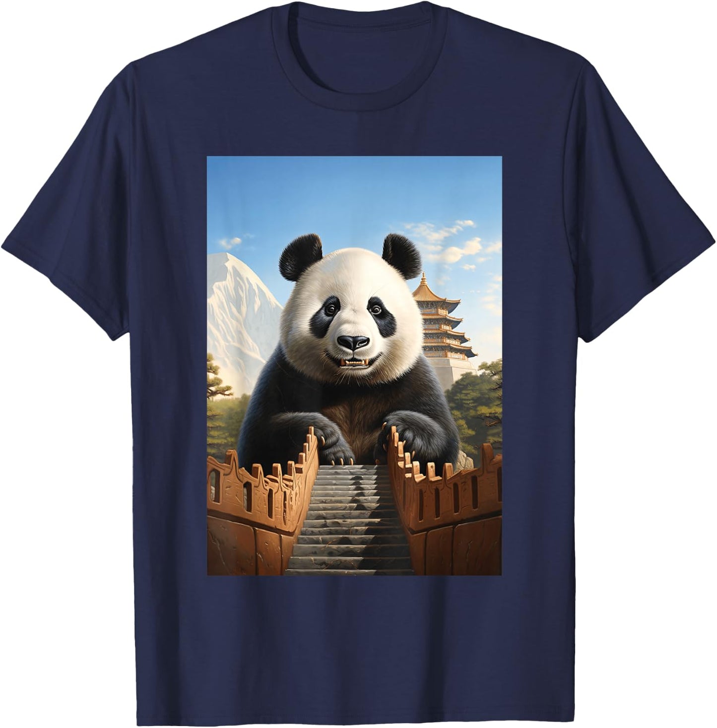 Animal Art Panda Chinese Architecture Large Panda T-Shirt - T-Shirt | Navy