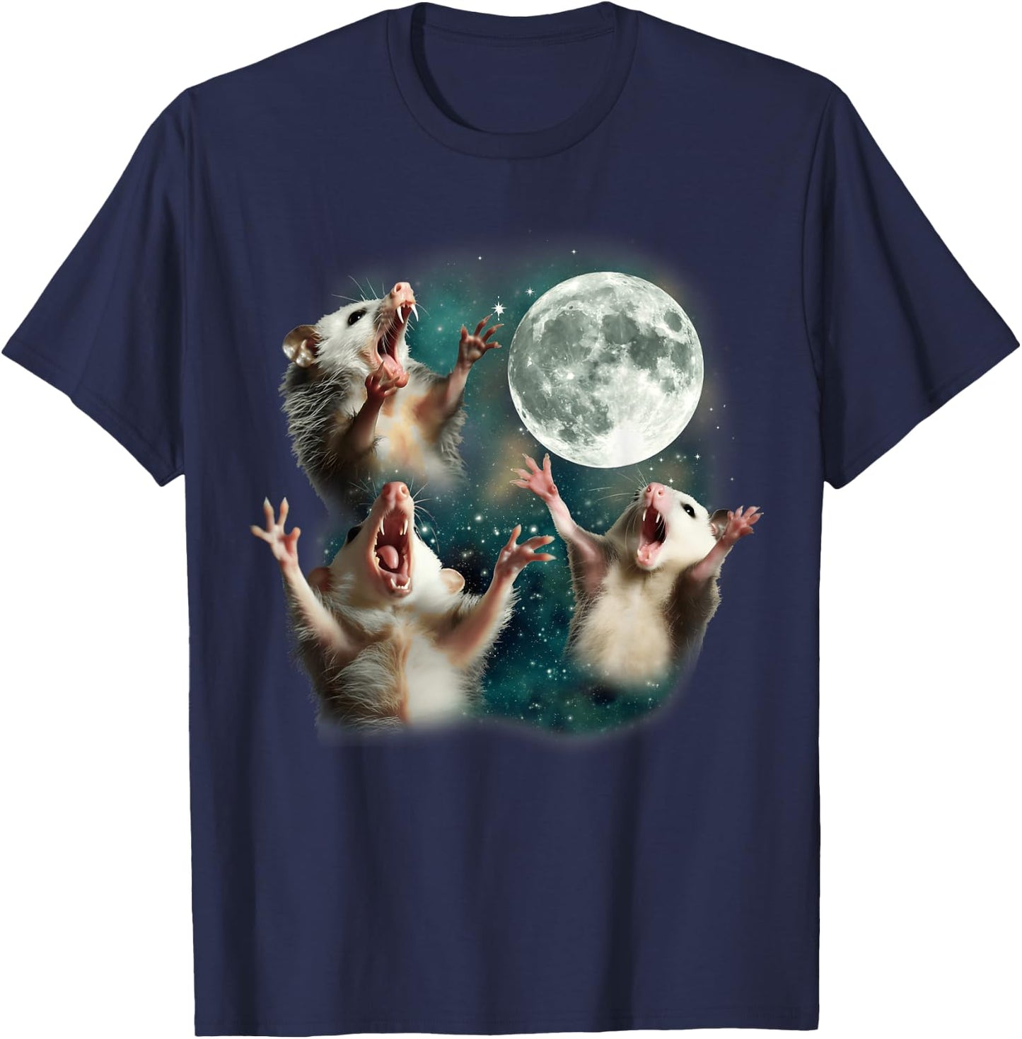 Three Possum Moon | 3 Opossum Funny Weird Cursed Meme T-Shirt - T-Shirt | Navy