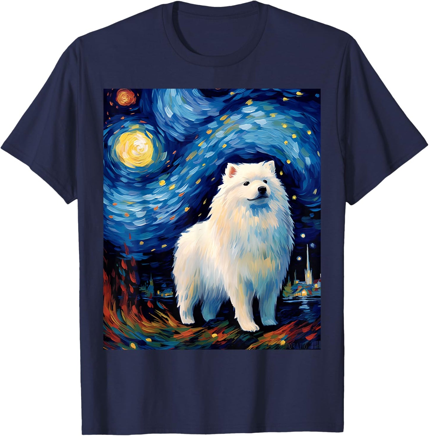 Surreal Starry Night Samoyed Dog T-Shirt - T-Shirt | Navy