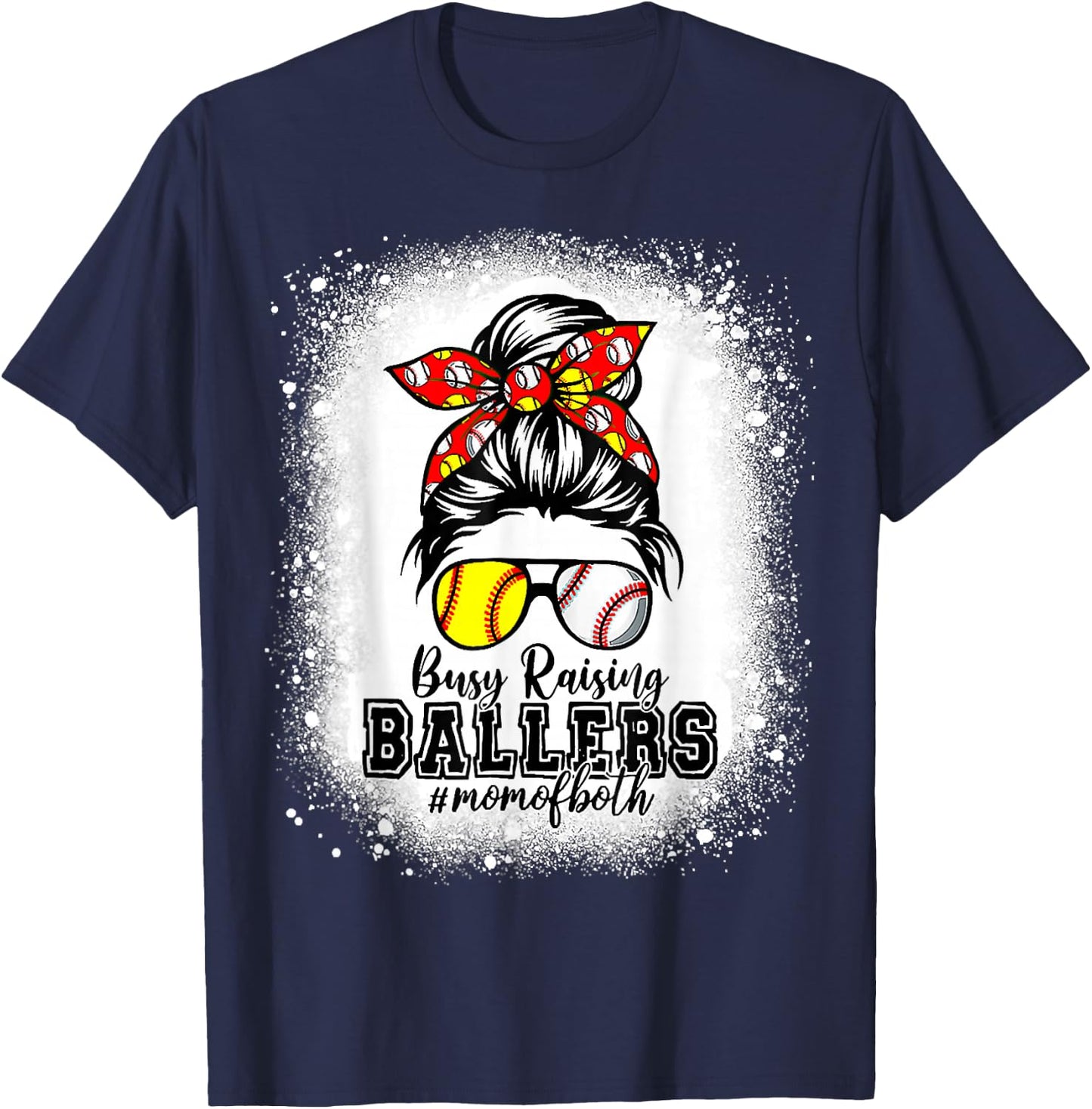 Messy Bun Mom Of Both Baseball Softball Busy Raising Ballers T-Shirt - T-Shirt | Navy