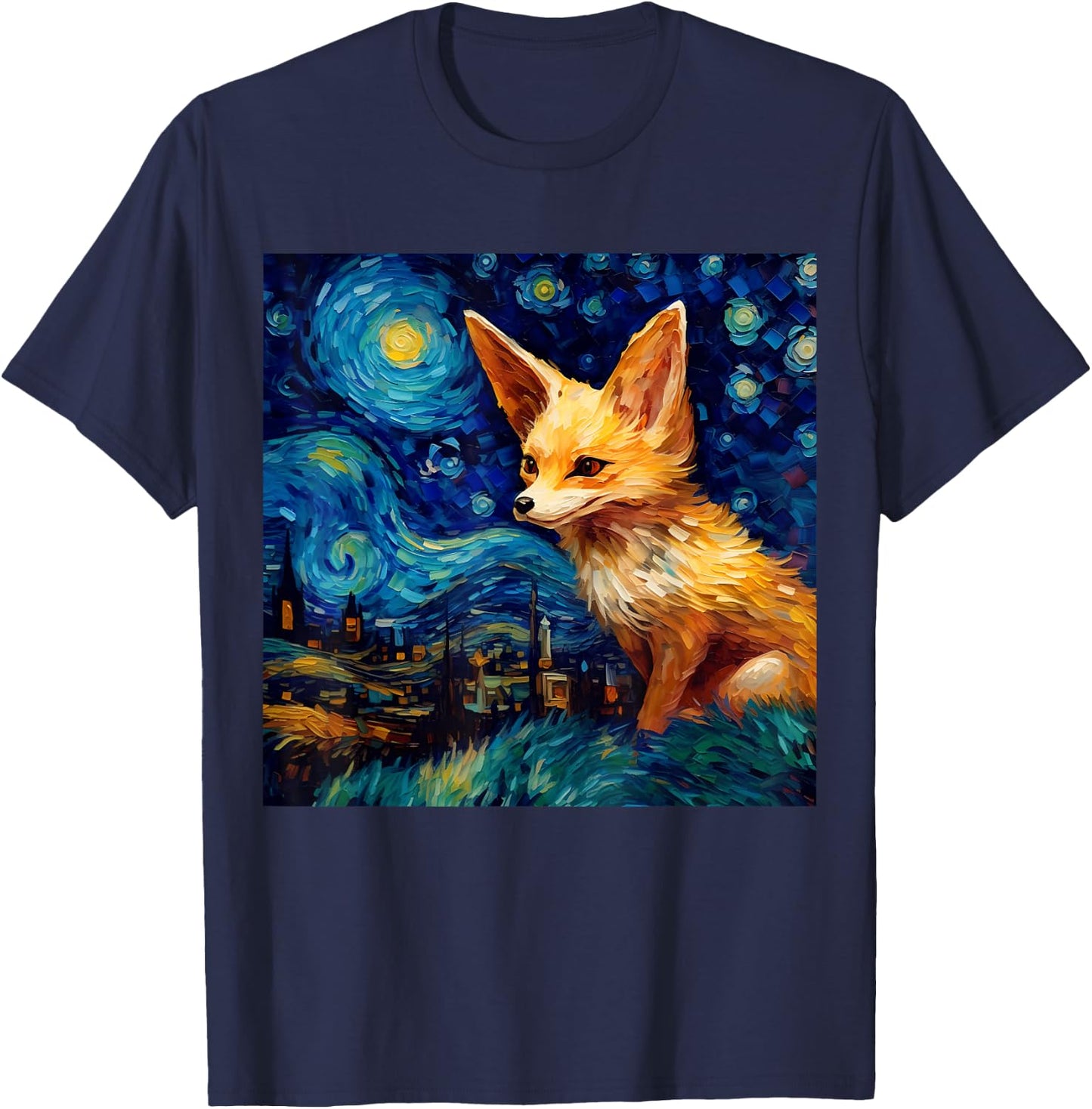 Surreal Starry Night Fennec Fox T-Shirt - T-Shirt | Navy