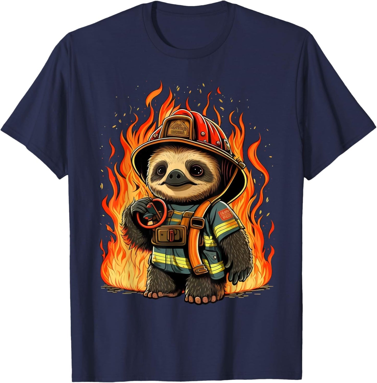 Sloth Fireman on Firefighter Sloth T-Shirt - T-Shirt | Navy