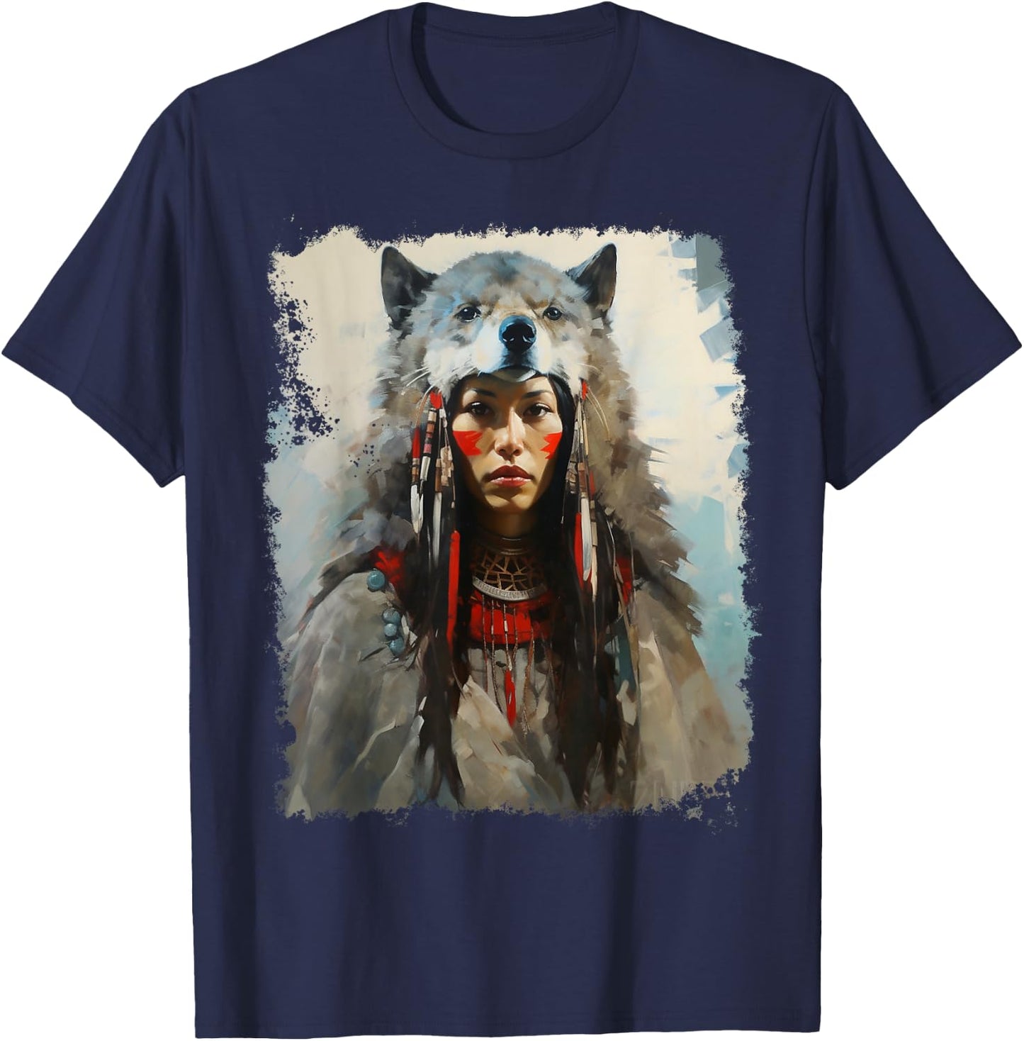 Native Indian Woman Tribe Wolf T-Shirt - T-Shirt | Navy