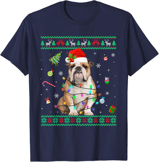 Ugly Sweater English Bulldog Dog Christmas Lights Santa Hat Women Kids T-Shirt - T-Shirt | Navy