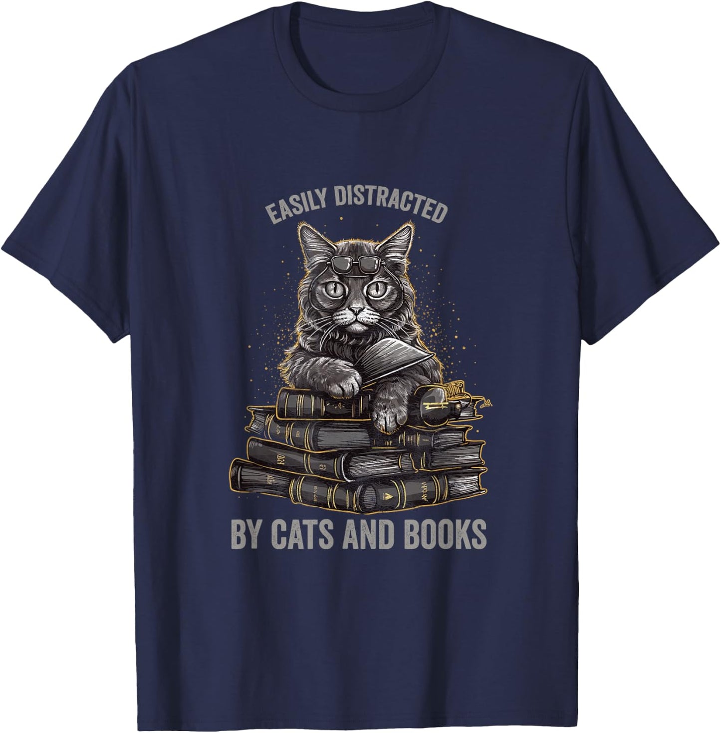 Easily Distracted by Cats and Books Book Reading Lovers T-Shirt - T-Shirt | Navy