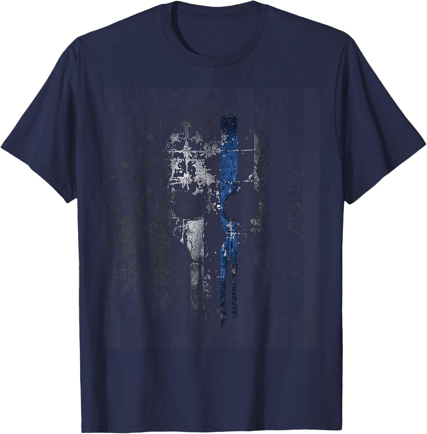 Police Thin Blue Line Support Gift USA Flag Skull T-Shirt - T-Shirt | Navy