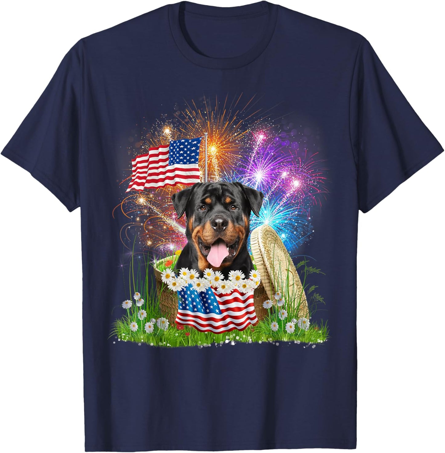 Rottweiler Patriotic American Flag Fireworks 4th Of July T-Shirt - T-Shirt | Navy