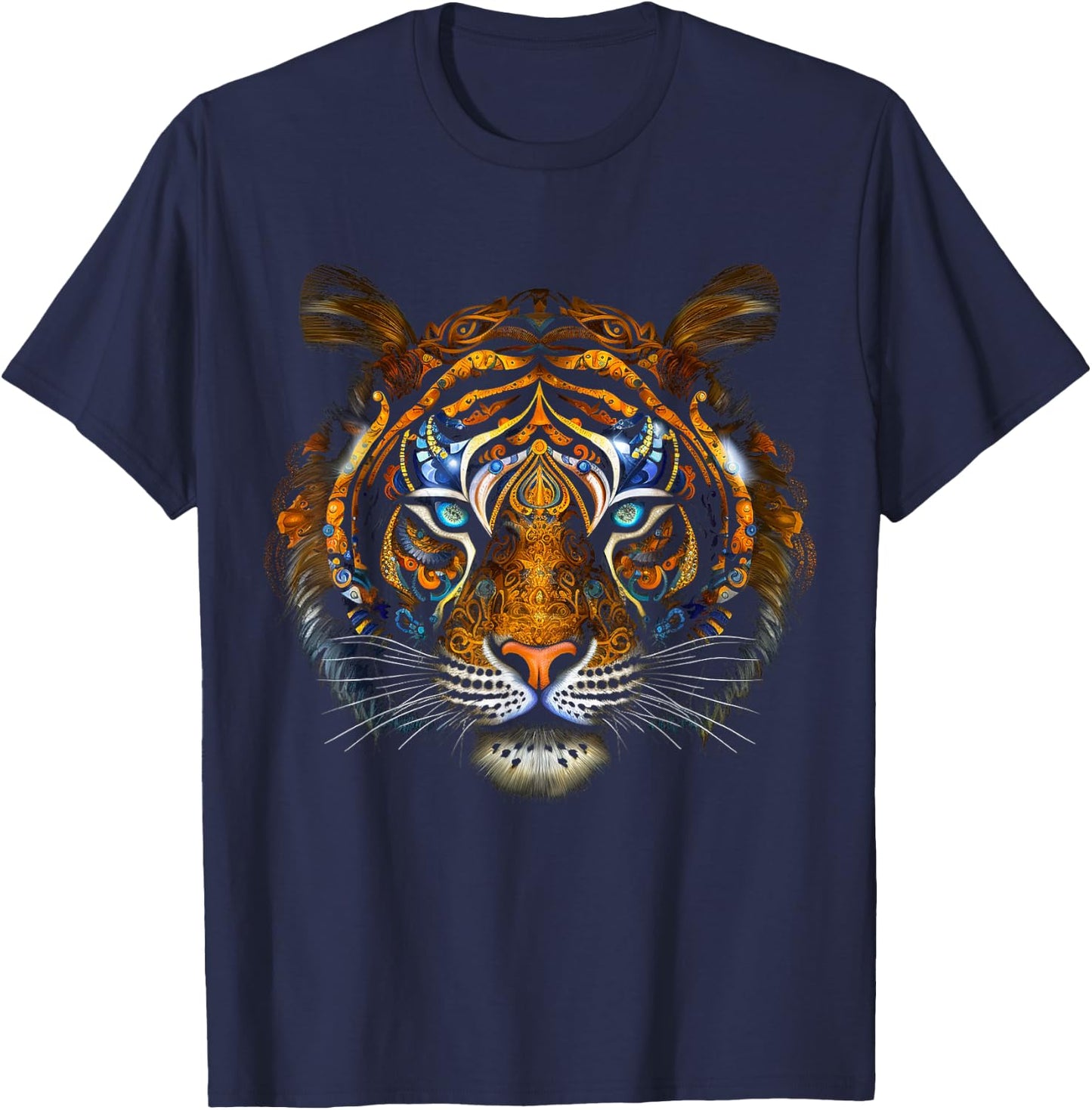 Tiger Mandala Blue Eyes - Artwork | Animal Motif Tiger T-Shirt - T-Shirt | Navy