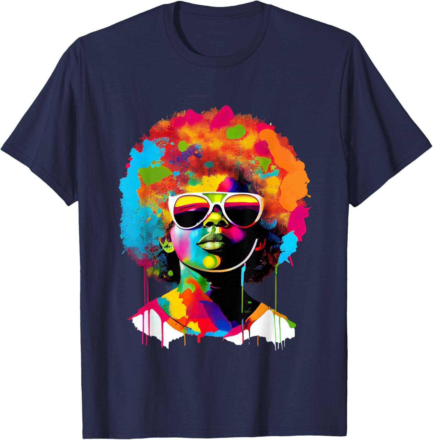 Young Black King Afro Melanin Boy Paint Dripping Colorful T-Shirt - T-Shirt | Navy