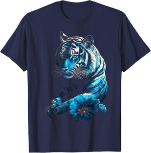 Tiger Lover Artwork | Flower Animal Motif Tiger T-Shirt - T-Shirt | Navy