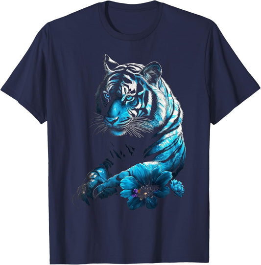 Tiger Lover Artwork | Flower Animal Motif Tiger T-Shirt - T-Shirt | Navy