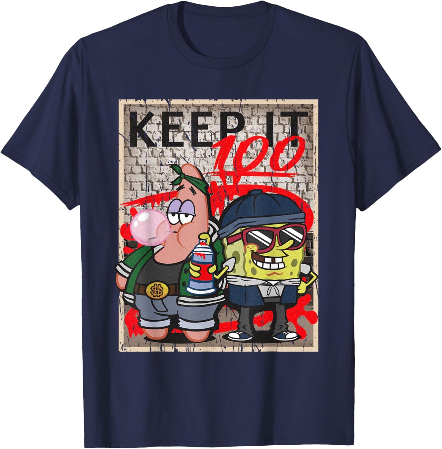 Mademark x SpongeBob SquarePants - SpongeBob and Patrick Keep it 100 Hip Hop Rap Graffiti Cool T-Shirt - T-Shirt | Navy