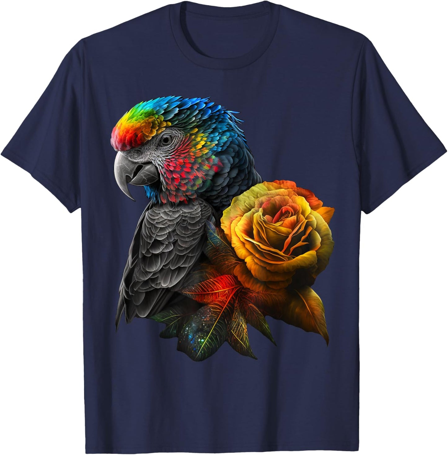 Parrot Bird Colourful Art Animal Flowers T-Shirt - T-Shirt | Navy