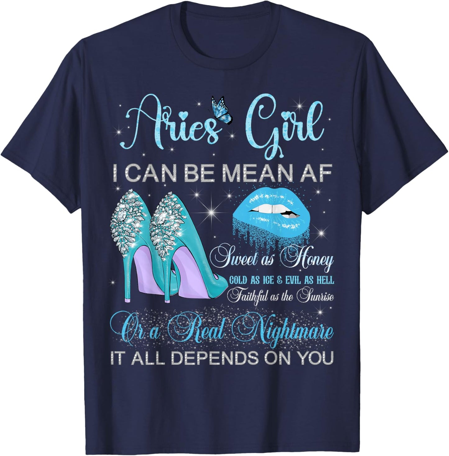 Aries Girl Birthday High Heels Dripping Lips Butterfly T-Shirt - T-Shirt | Navy