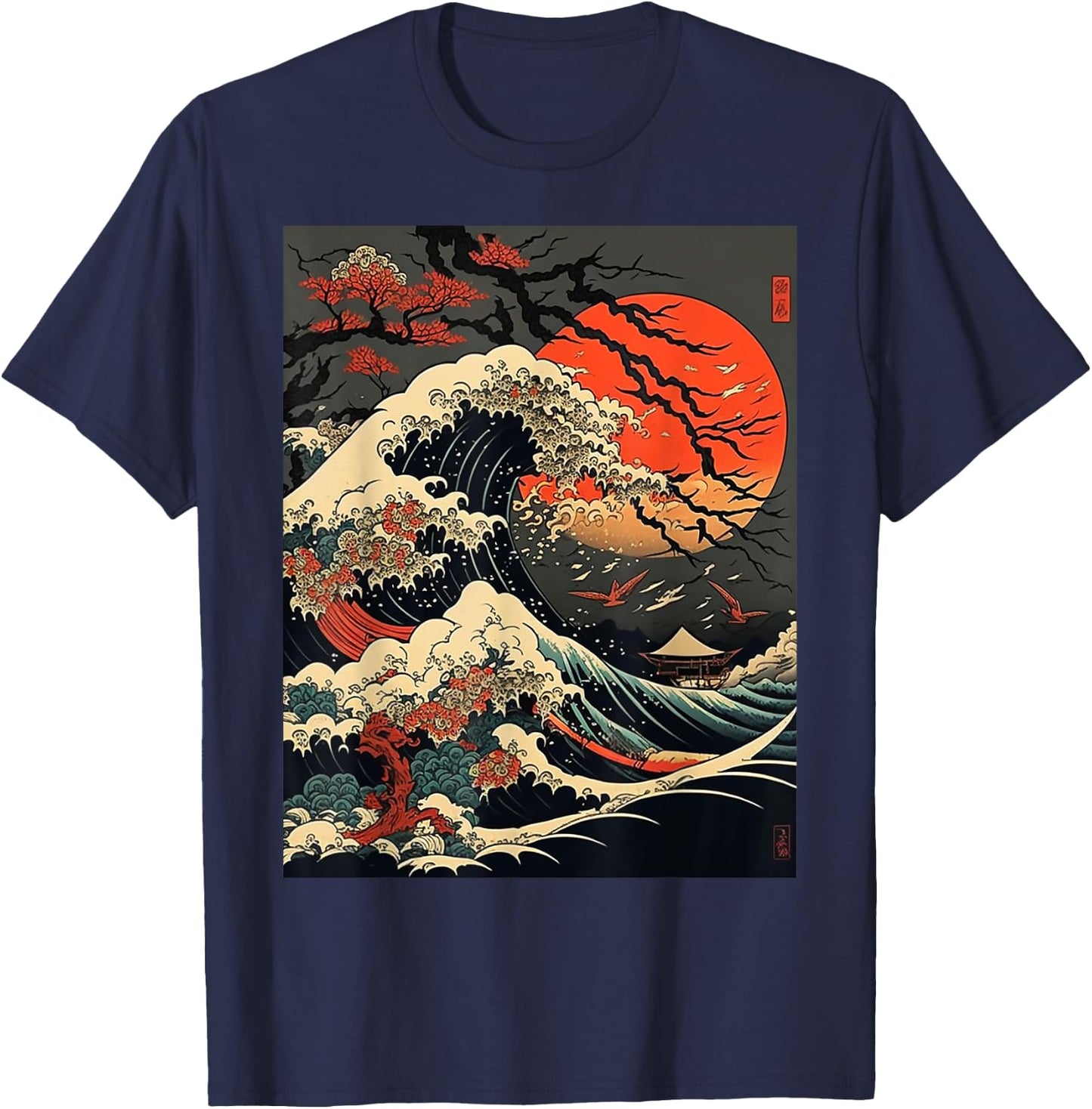 vintage Kanagawa Japanese The great wave Cherry Blossom Art T-Shirt - T-Shirt | Navy