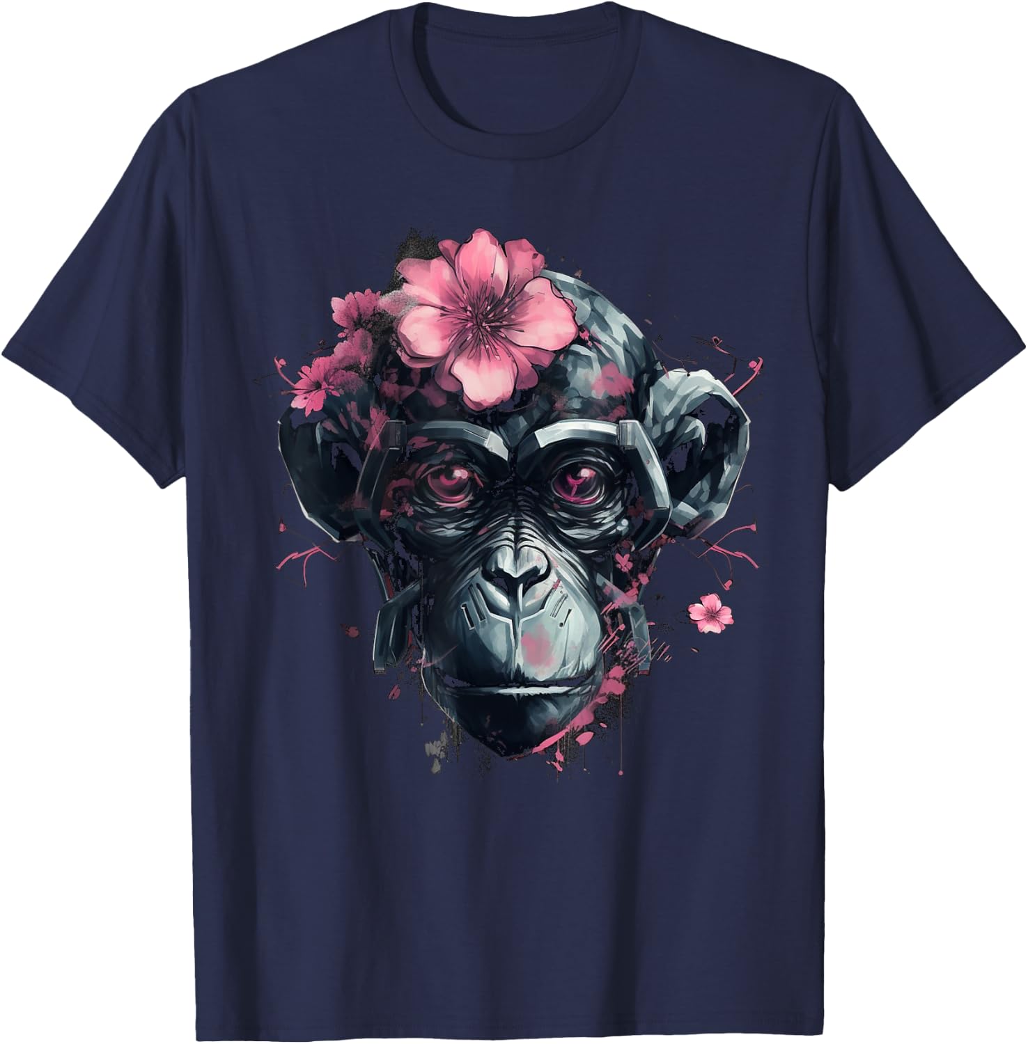 Monkey Flowers Animal Zoo - Artwork Robot Art Monkey T-Shirt - T-Shirt | Navy