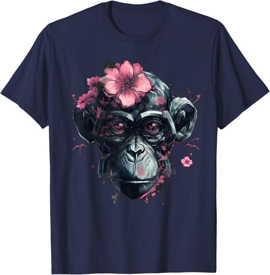 Monkey Flowers Animal Zoo - Artwork Robot Art Monkey T-Shirt - T-Shirt | Navy