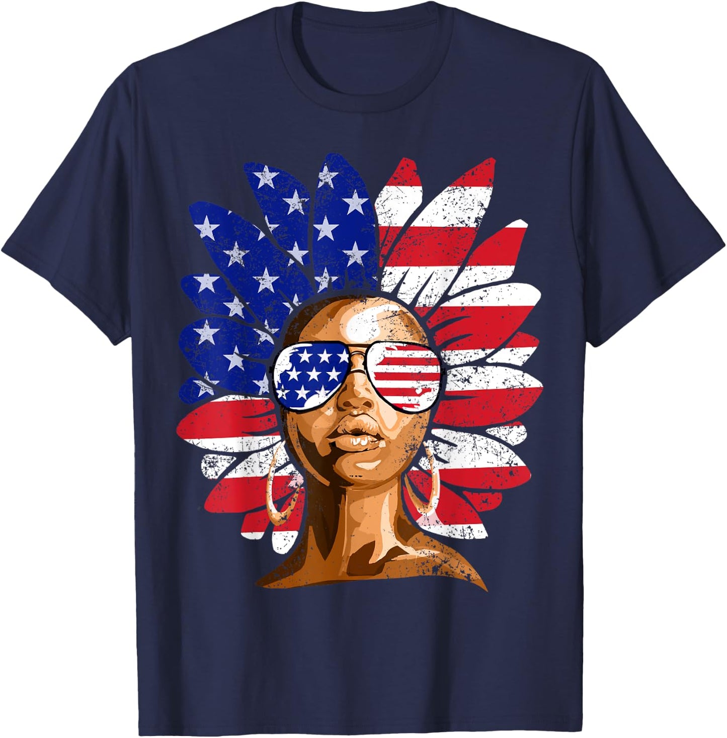 Afro Sunflower African American 4th of July Melanin T-Shirt - T-Shirt | Navy