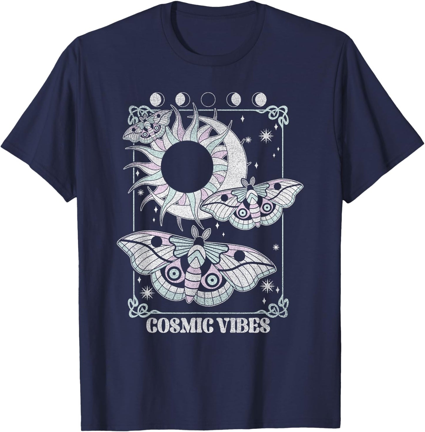 Cosmic Vibes Mystical Moths Flying Over Sun And Moon T-Shirt - T-Shirt | Navy