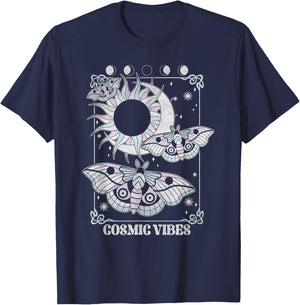 Cosmic Vibes Mystical Moths Flying Over Sun And Moon T-Shirt - T-Shirt | Navy