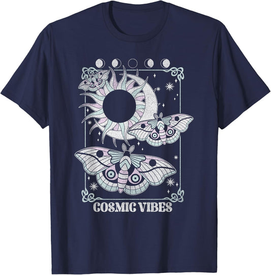 Cosmic Vibes Mystical Moths Flying Over Sun And Moon T-Shirt - T-Shirt | Navy