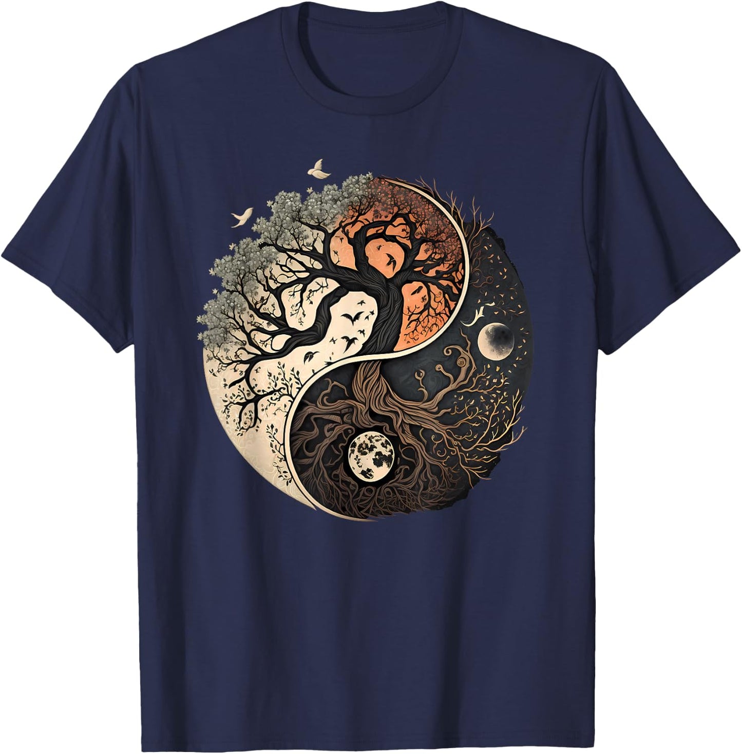 Harmonious Tree of Life Yin Yang Black - Classic Fit, Adult, Polyester/Cotton, Yoga T-Shirt - T-Shirt | Navy