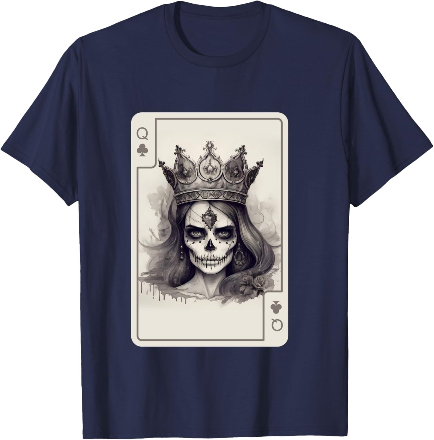 Gothic Poker Card Game Creepy Queens Skull Queen of Spades T-Shirt - T-Shirt | Navy
