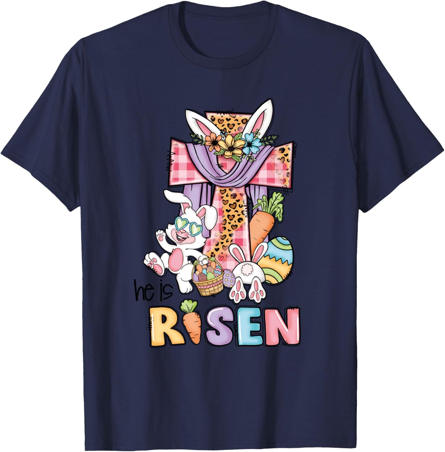 He is Risen Floral Cross Vintage Happy Easter Day T-Shirt - T-Shirt | Navy
