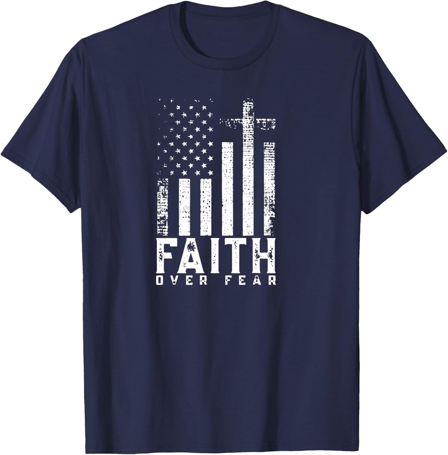 Faith Over Fears Cool Christian Cross American USA Flag Gym T-Shirt - T-Shirt | Navy