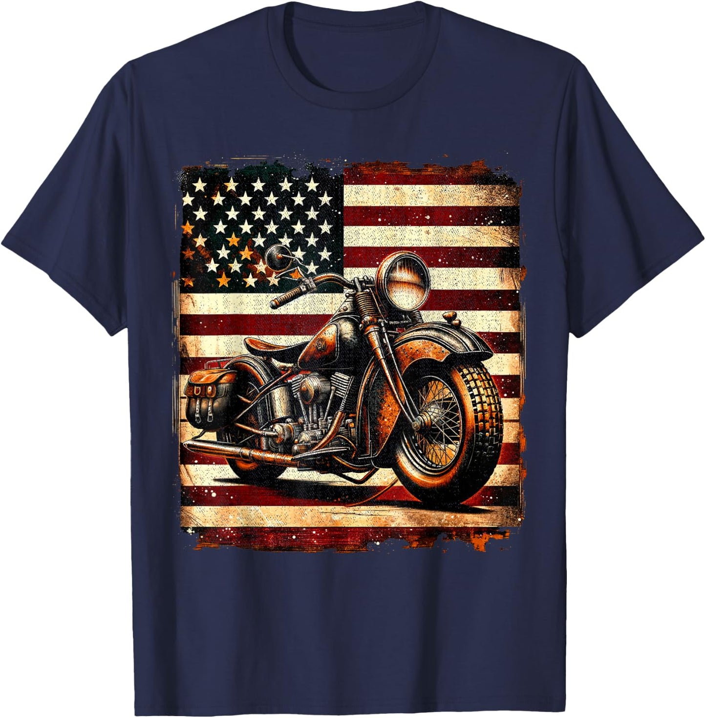 Motorcycle USA Flag Retro Biker Vintage Distressed T-Shirt - T-Shirt | Navy