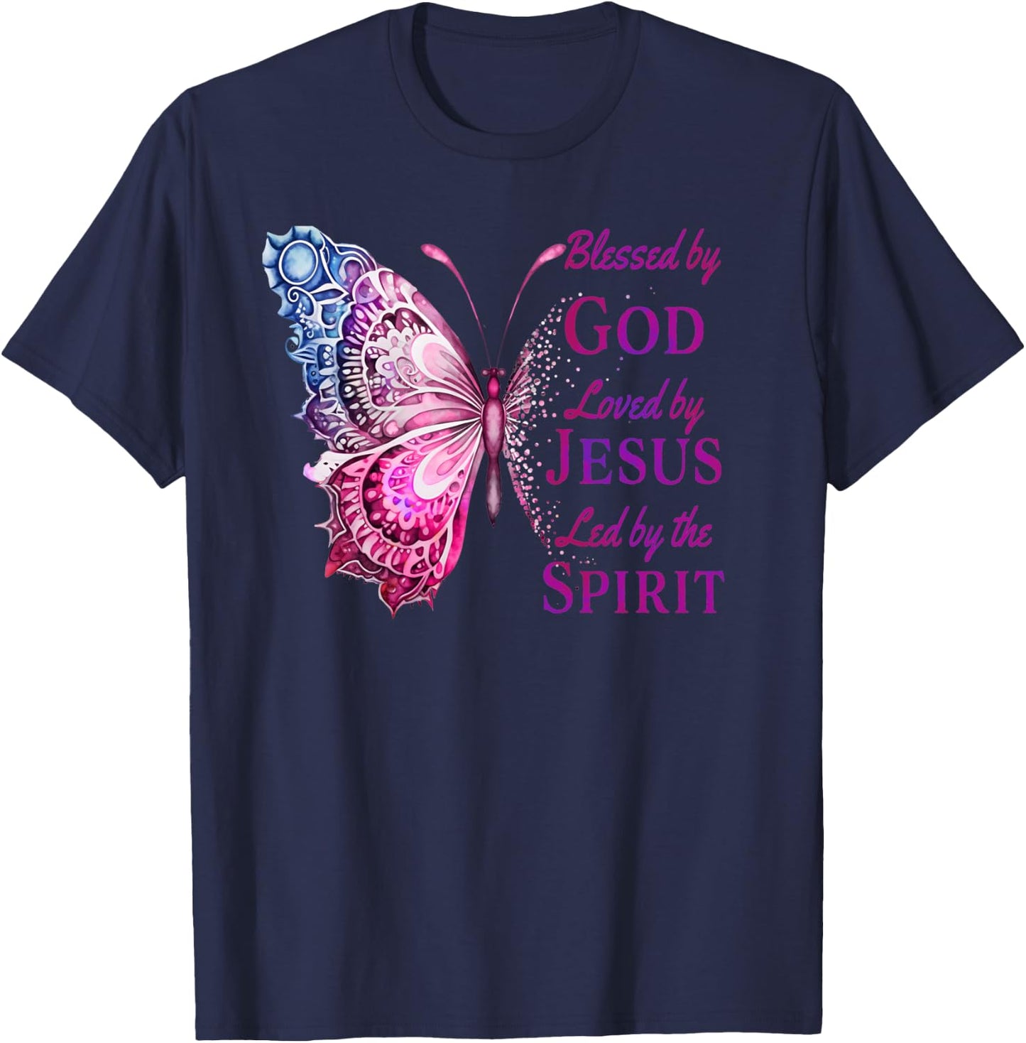 Blessed by God Loved by Jesus Pink Butterfly Christian T-Shirt - T-Shirt | Navy