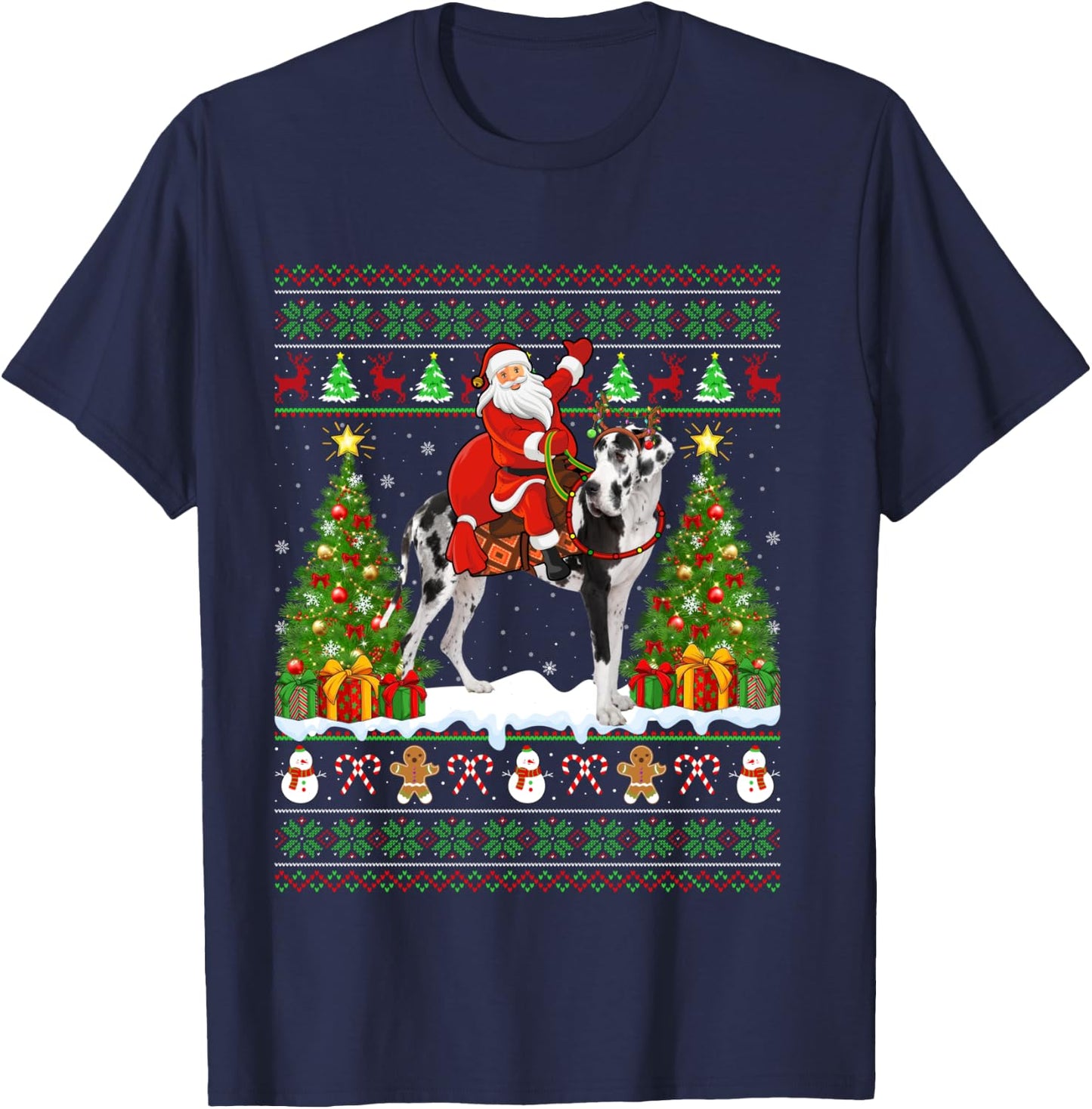 Xmas Sweater Ugly Santa Riding Great Dane Dog Christmas T-Shirt - T-Shirt | Navy