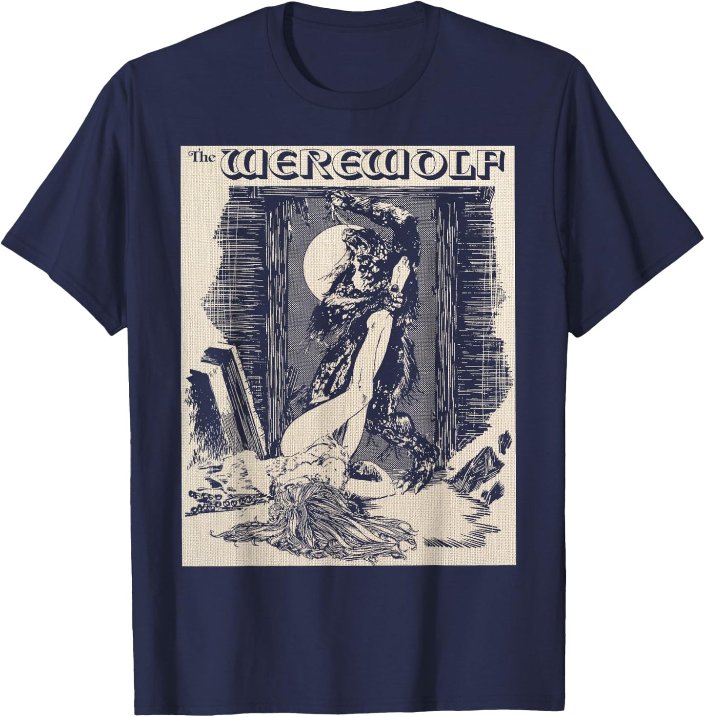 Man Wolf Werewolf Monster Horror Art Sexy Blonde Pin Up Girl T-Shirt - T-Shirt | Navy