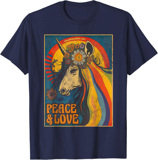 Unicorn Peace 60s 70s Hippie Vintage Love Flowers Retro T-Shirt - T-Shirt | Navy