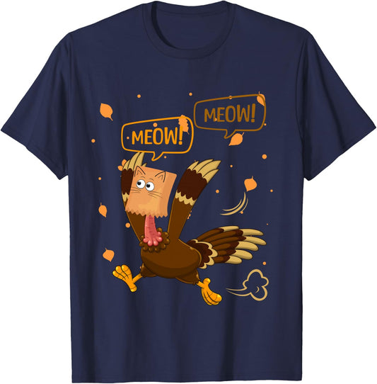 Thanksgiving Turkey Cat Meow Funny Men Women Thanksgiving T-Shirt - T-Shirt | Navy