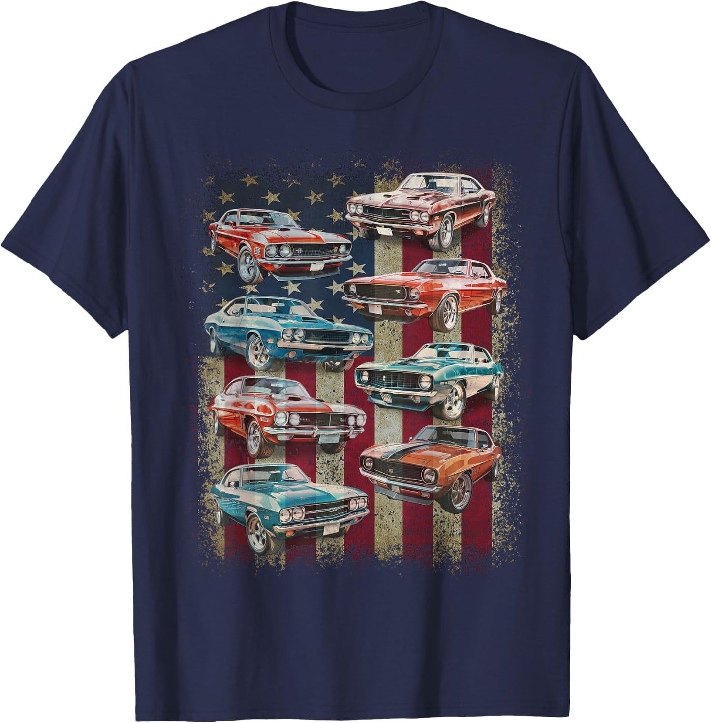 Classic Muscle Car Retro American Flag Patriotic Vintage T-Shirt - T-Shirt | Navy