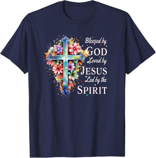 Blessed by God Loved by Jesus Floral Cross Christian T-Shirt - T-Shirt | Navy