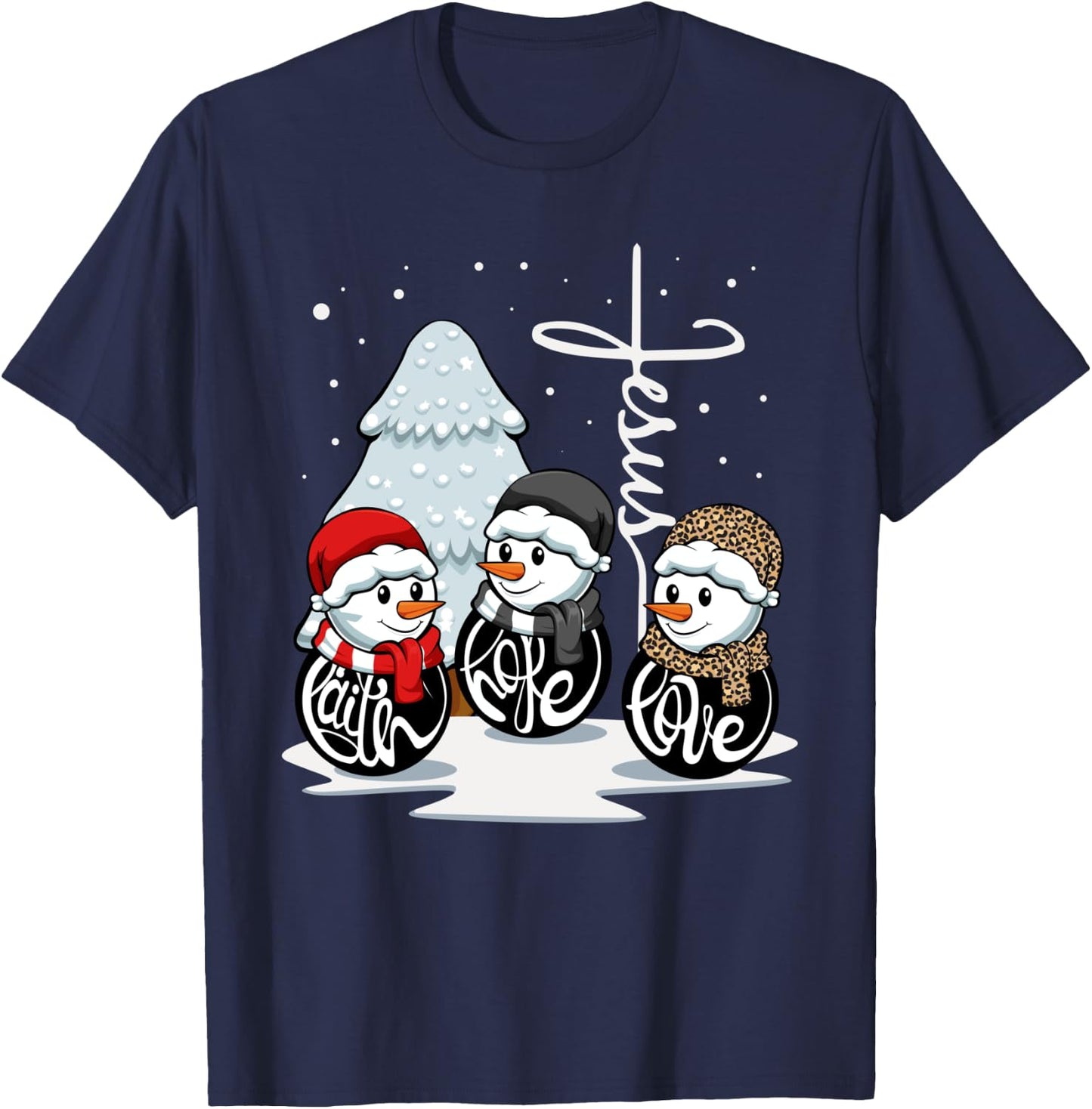 Faith Hope Love Jesus Christmas Pajama Snowman Christian T-Shirt - T-Shirt | Navy