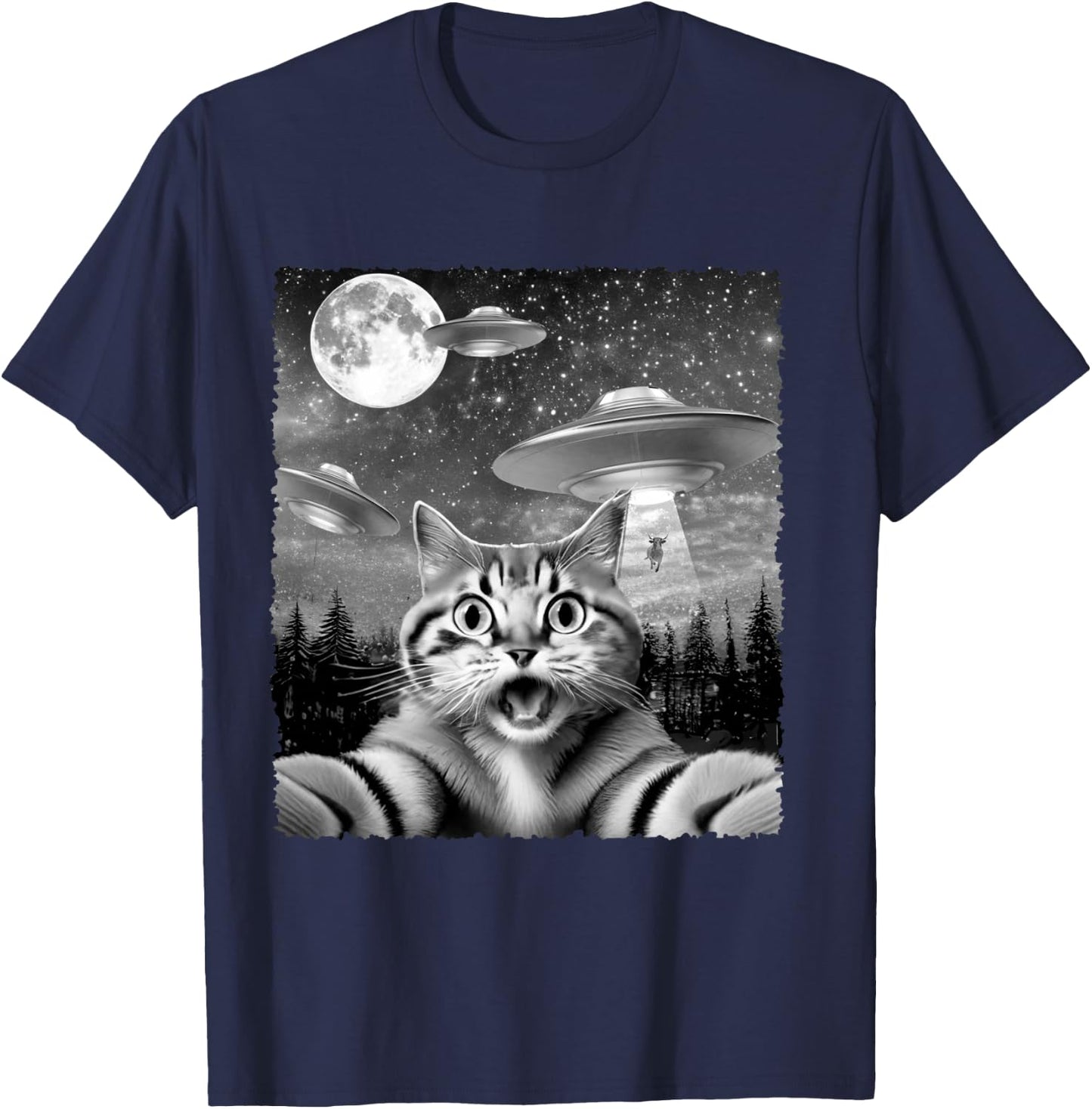 Funny Alien Cat Selfie with UFOs Gift Men Women Kids T-Shirt - T-Shirt | Navy